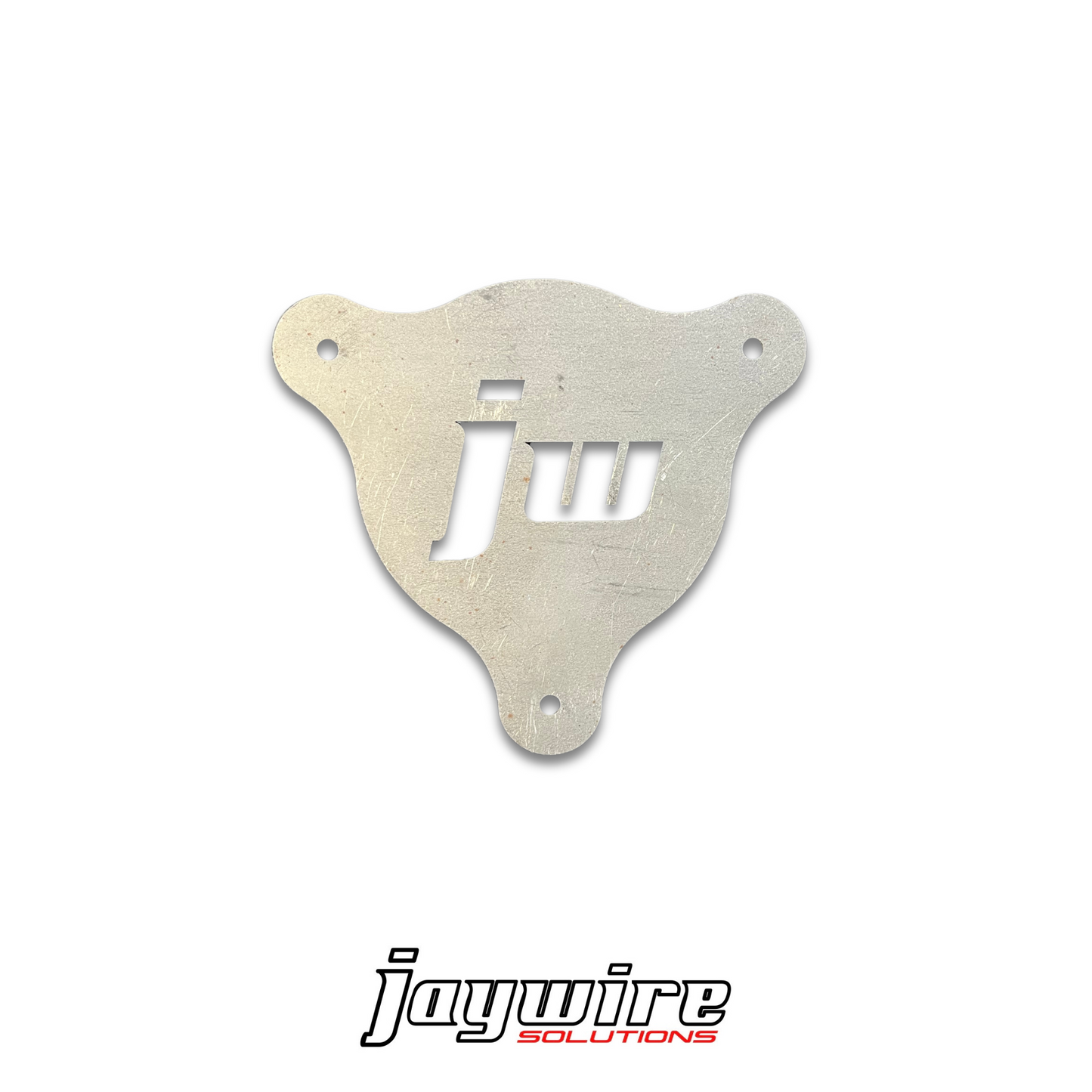 A laser cut raw steel mounting bracket with three holes, bearing the 'jaywire solutions' logo.