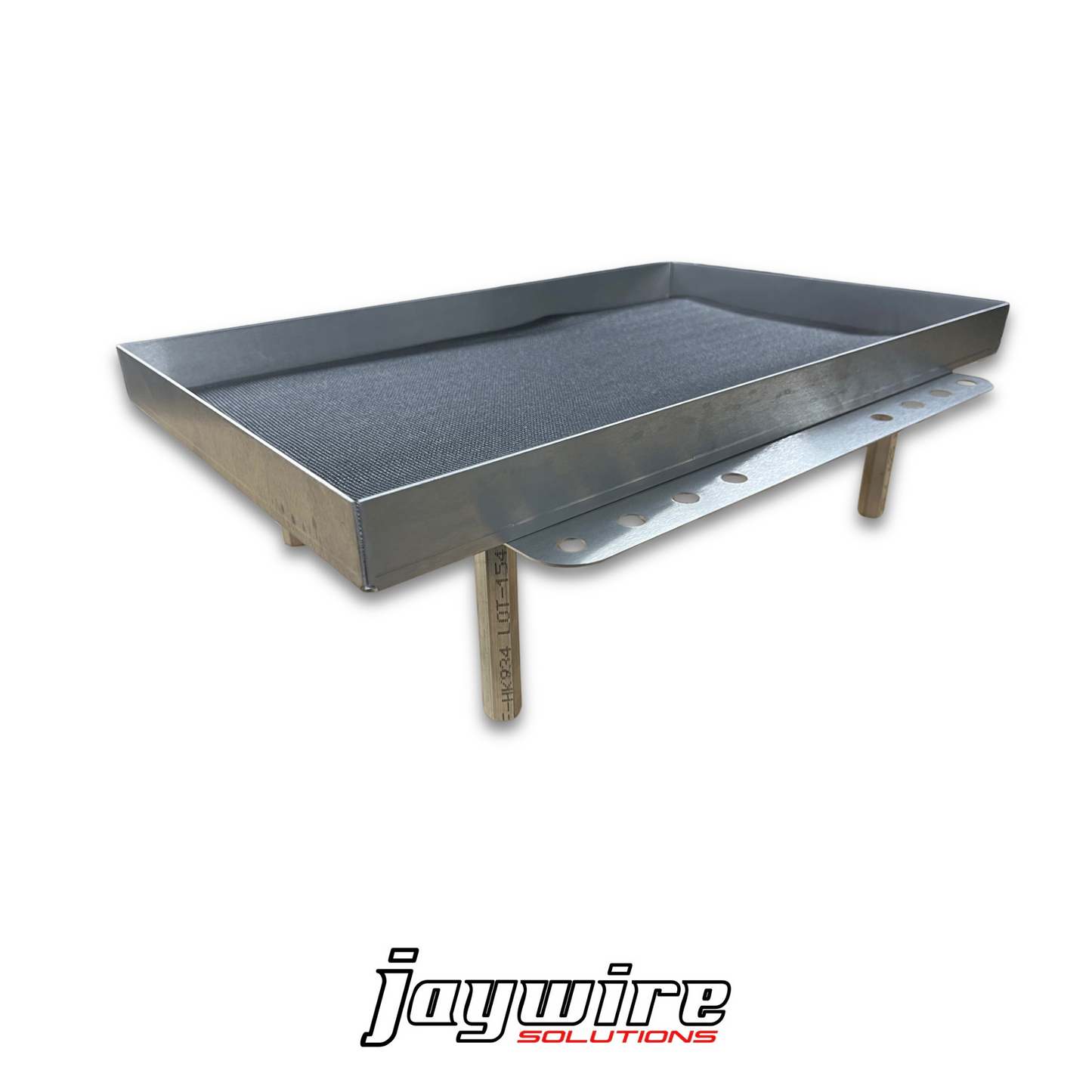 Metal griddle on stands with 'jaywire solutions' branding on a white background
