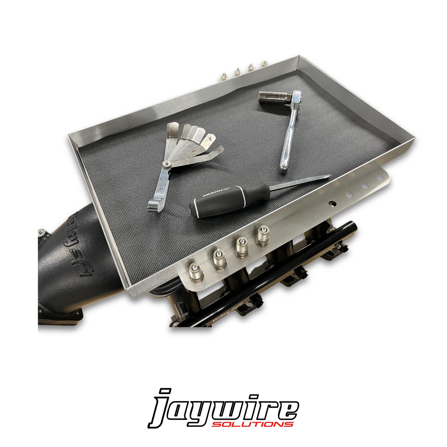 Mechanical tool set on a metal tray with 'jaywire solutions' branding.