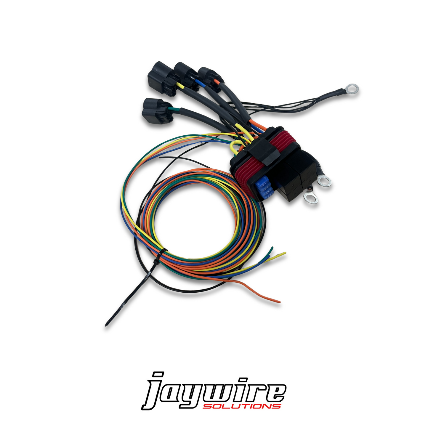 A custom switch panel with multiple colored wires, relays, and a Jay Wire Solutions logo.