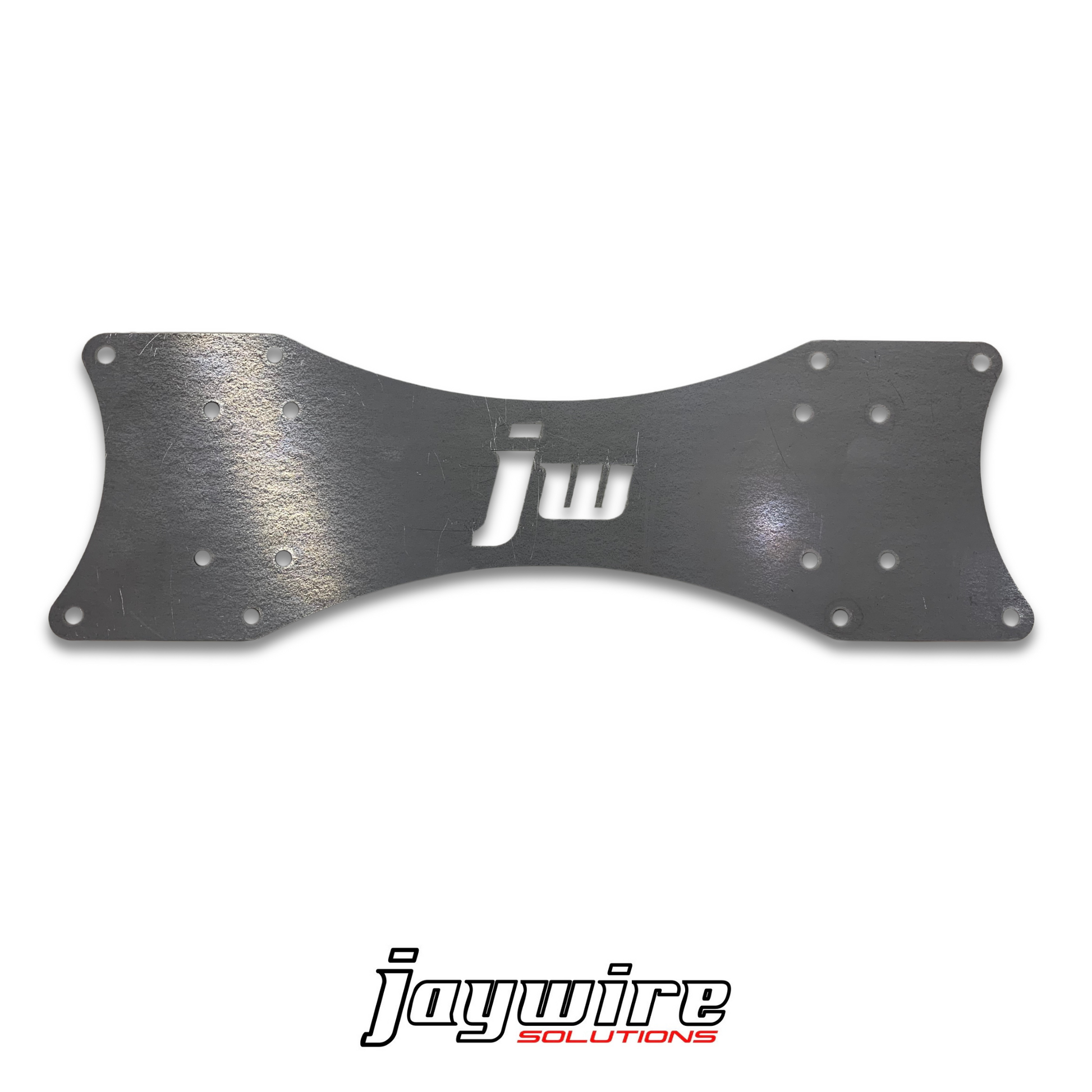 A laser cut steel bracket with multiple holes, designed for mounting a Holley computer, with the Jaywire Solutions logo visible.