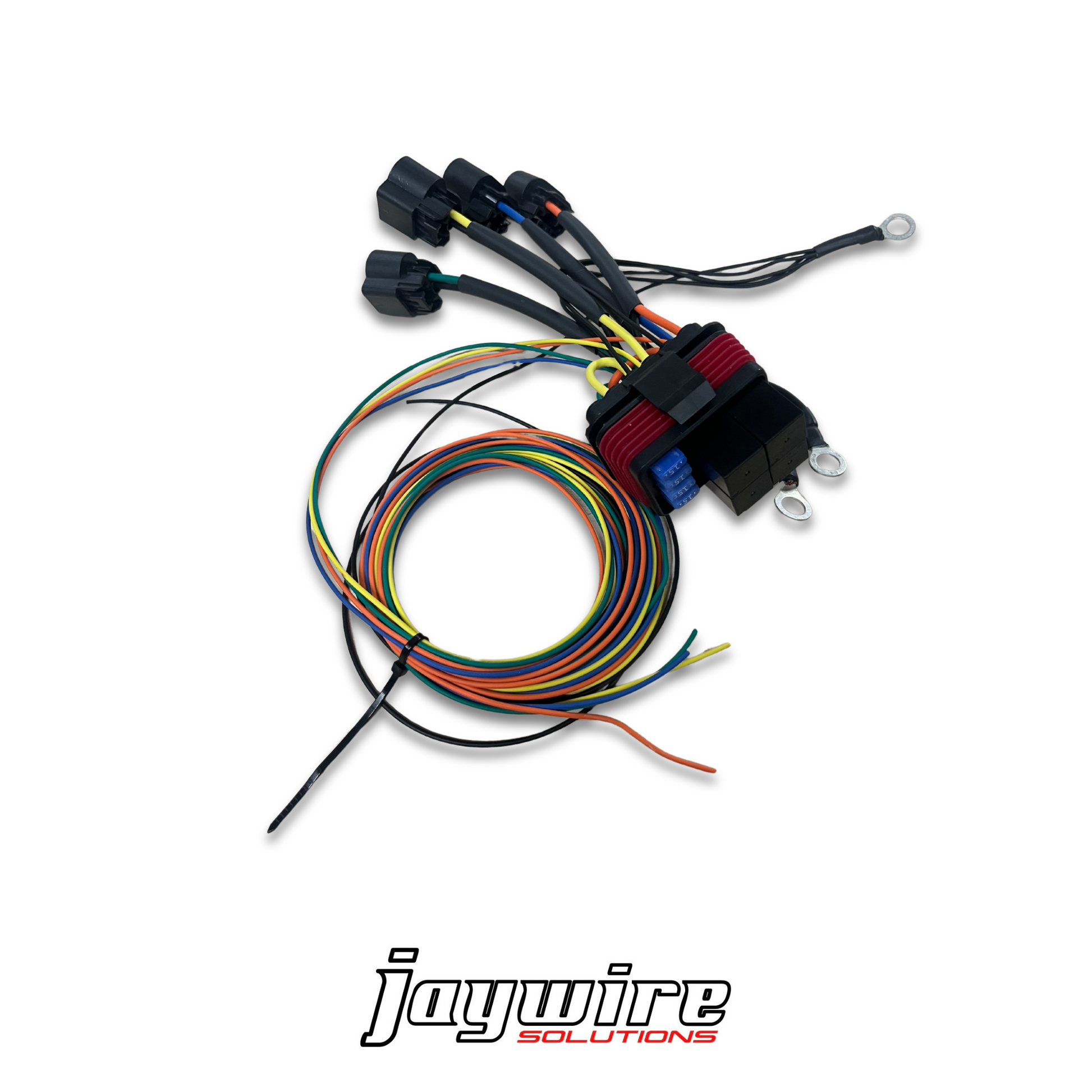 A custom switch panel with multiple colored wires, relays, and a Jay Wire Solutions logo.